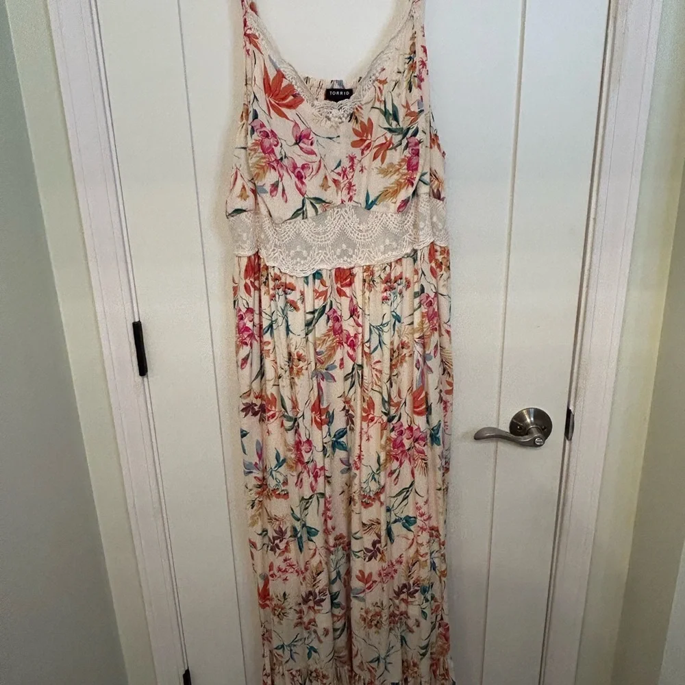 Lush Floral Print Maxi Dress with Lace Detail - Picture 1 of 4